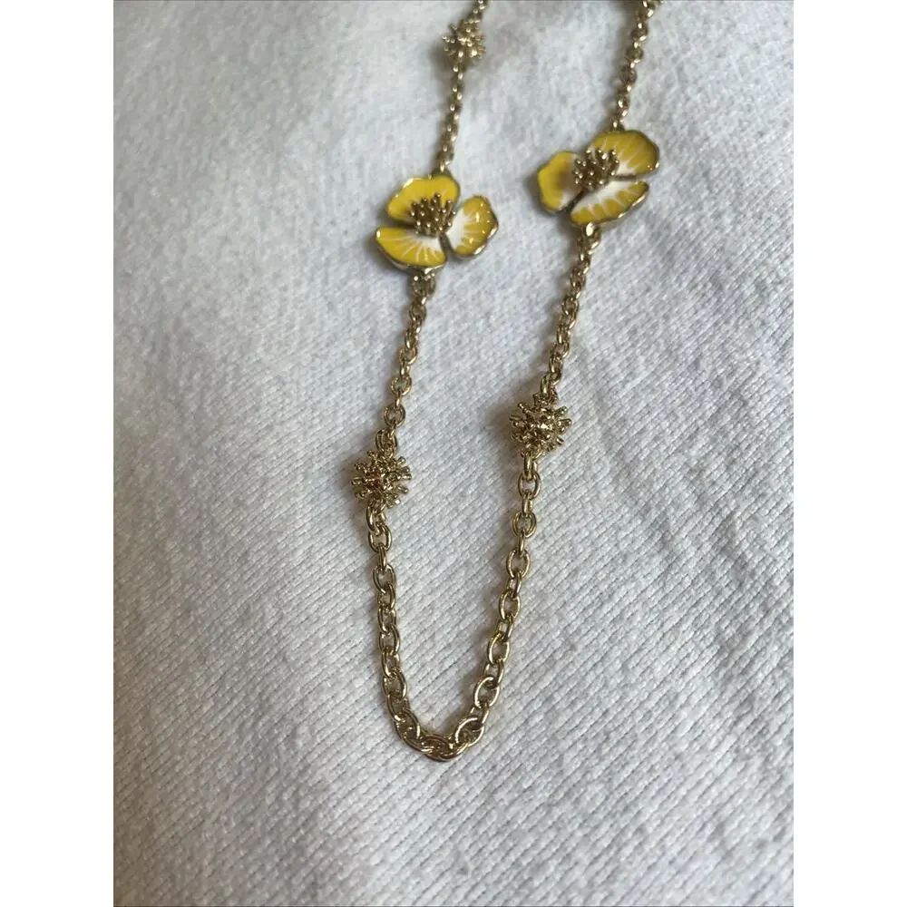 Long Gold Tone Necklace Featuring Yellow Flowers NWOT